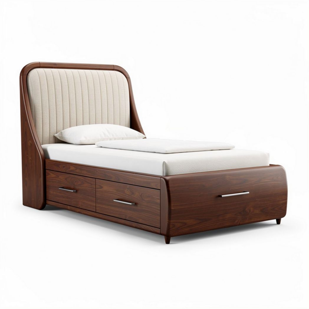 Lit en bois massif avec rangement 210 x 100 x 90cm couleur noyer et beige