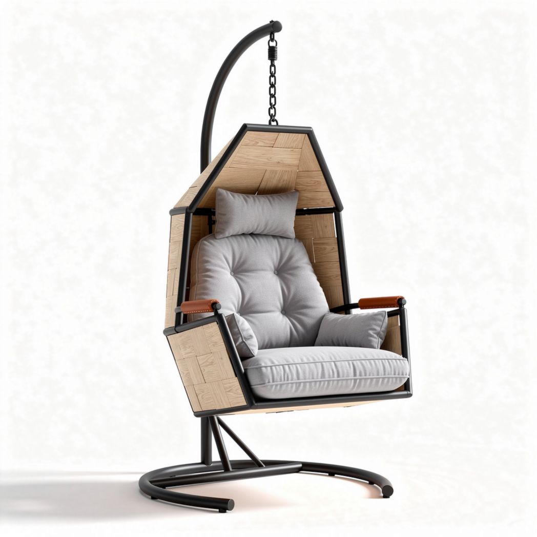 Chaise suspendue en métal et bois avec coussin gris dimensions 120 x 85 x 130cm