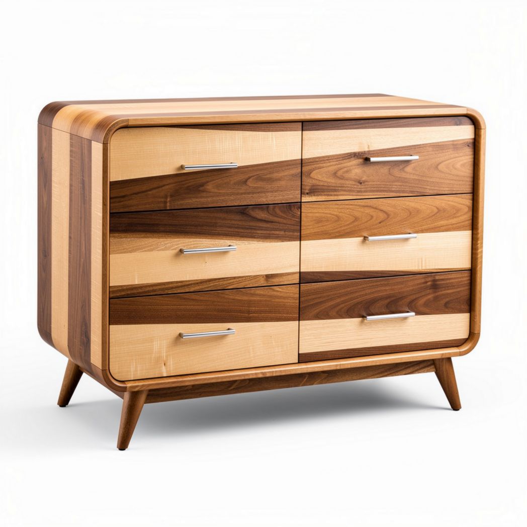 Commode en bois massif avec six tiroirs couleurs chêne et noyer 120 x 60 x 80cm