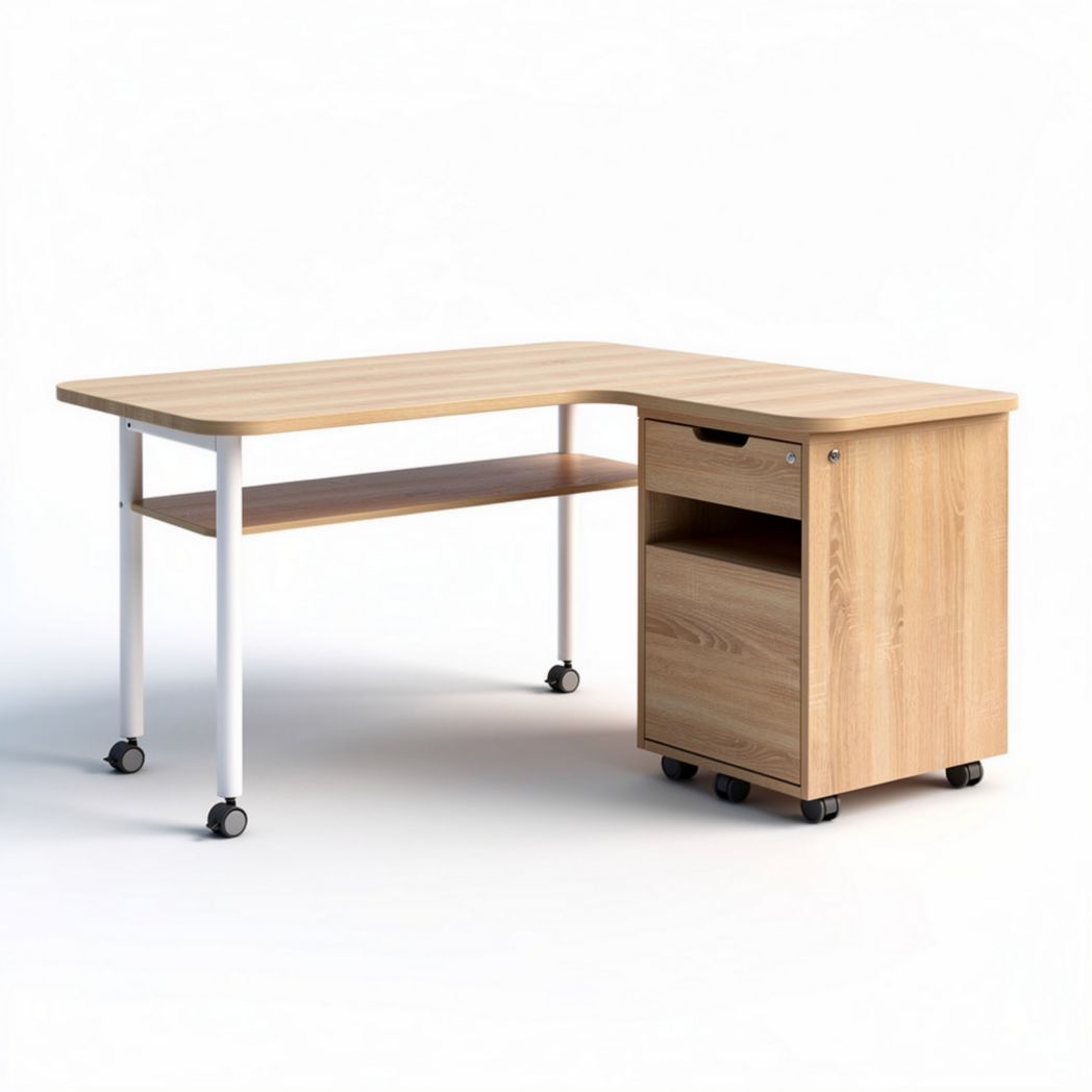 Bureau d'angle en bois avec tiroir sur roulettes dimensions 150 x 70 x 75cm